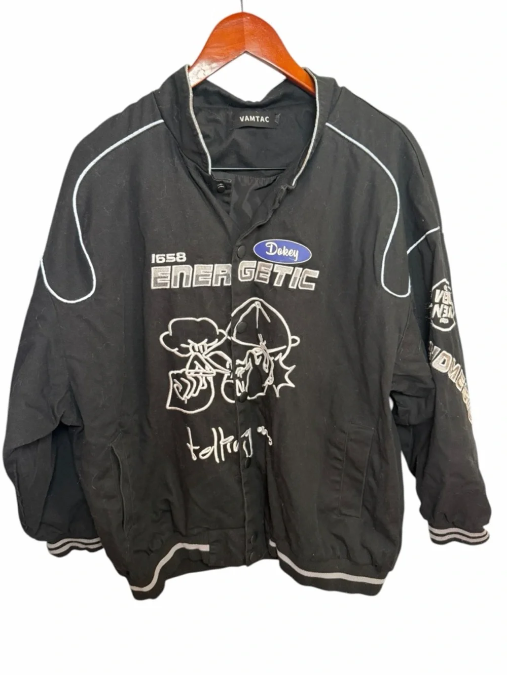 Men's Black Graphic Bomber Jacket with White Embroidery - Picture 2 of 12